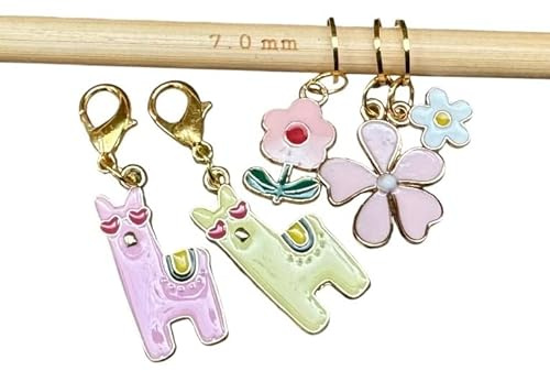 5 Maschenmarkierer mit Emaille Anhängern - Maschenzähler - rosa gold - Perlen, Strickhilfe stitch marker Alpaka, Lama, Blumen