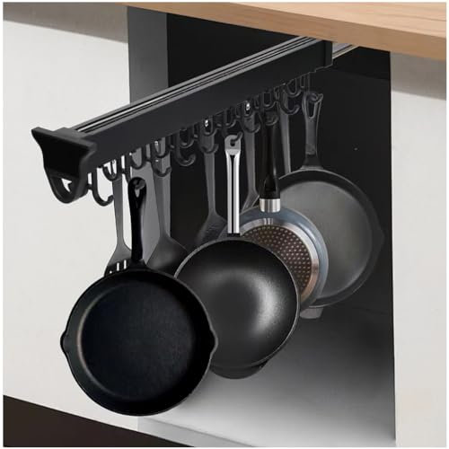 Adjustable 14IN Hanging Pot Rack with Sliding Rail 6 Hook Cabinet Pull Out Organizer for Pots and Pans Kitchen Closet Cupboard Storage Utility Rack Load Capacity 75LBS