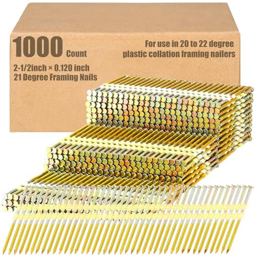 Pasimy 1000 Per Box 2-1/2 x 0.120 Inch Framing Nails 21 EG Degree Smooth Shank Plastic Collated Galvanized Full Round Head Framing Nails