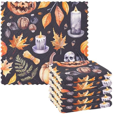 Mnsruu Paños de limpieza de microfibra, velas de Halloween, calabaza, negro, reutilizables, para lavar, paquete de 6 paños de cocina suecos, toallas de limpieza de microfibra, lavables, trapos para el