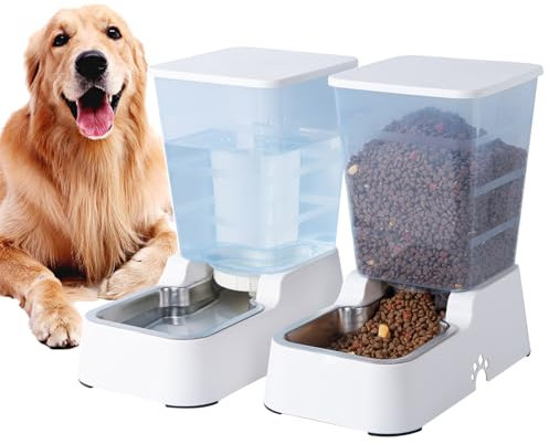 Dispensador automático de comida para perros y agua para perros, 5 L, dispensador de comida para gatos y gatos para perros medianos y grandes, gatos y otros animales (juego blanco de 5 L)