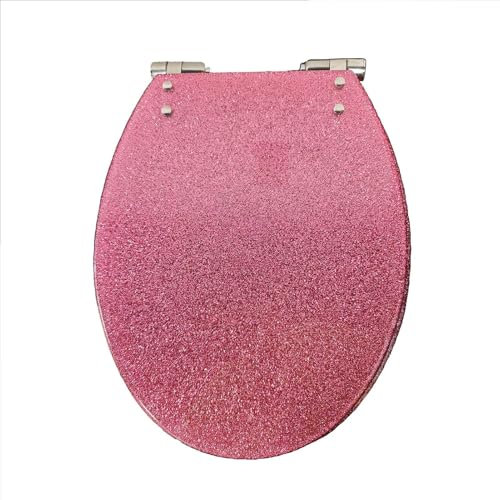 Giural Couvercle de WC avec Frein de Chute, Abattant WC à Paillettes Rose en Résine, Lunette WC Dégagement Rapide pour Facile à Nettoyer, Charnière en Acier Inoxydable, Forme de O, 42x36cm