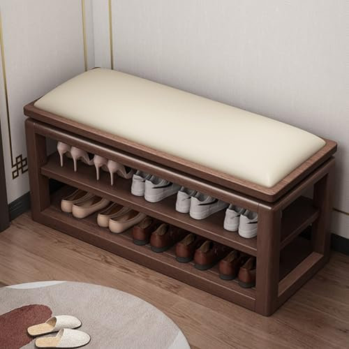 Weiße Eingangsbank mit Kissen, verstellbaren Ablagen und Schuhwechselbank für den Eingangsbereich, 60 cm