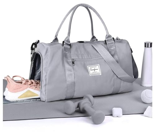 HYC00 Gym Bag Womens Mens Sports Duffle Bag with Shoes Compartment & Wet Pocket,Weekend Overnight Bags for Women Large Travel Duffel Bag Carry on Hospital Bag Hand Luggage Cabin Bags,Gray