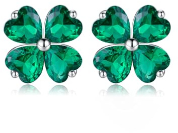 Reffeer 925 Sterling Silber Vierblättriges Kleeblatt Ohrstecker für Frauen Teenager Herzschliff Grüne Zirkonia Ohrringe St Patricks Day Ohrringe