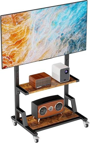 Aetubree Supporto mobile per TV da 32 a 75, con ruote bloccabili, con supporto per TV in metallo e 2 ripiani in legno, per casa, ufficio, tutti gli accessori inclusi