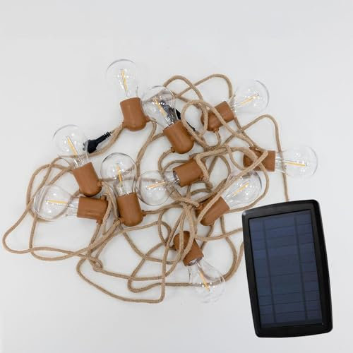 LED Lichterkette Solar 10x LED E27 IP44 5m lang Juteseil 2700 K warmweißes Licht Solarlichterkette Außenlichterkette Garten Terrasse Balkon