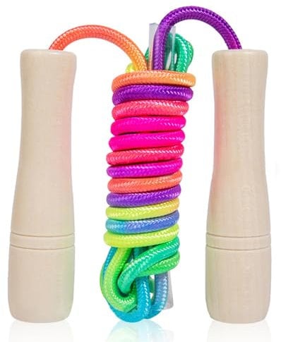 Mritrit Kids Traditional Skipping Ropes Cotton for Age 5-9 Year, 250cm Long Adjustable Children's Jump Rope with Wooden Handle for Boys and Girls 6-8, School Supplies, Outdoor Group Activity (Rainbow)