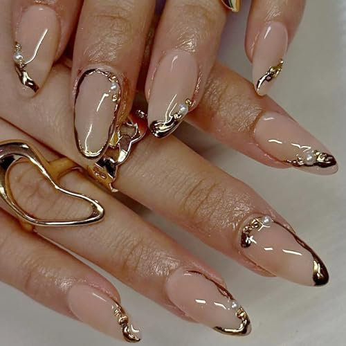 24PCS Medium Almond Press-On Nails – Elegant Gold French Tips with Pearl Accents & Jewel Designs. Full-Coverage Glue-On False Nails, Elegant & Ready to Wear