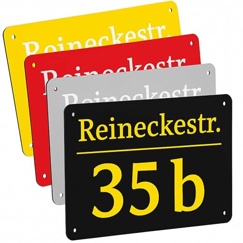 Indigos UG - 250x200 mm Hausnummerschild mit Hausnummer und Straße aus Aluverbundplatte - Schilder selbst gestalten mit Wunschtext - wetterfestes Straßenschild für Tür, Zaun oder Hauswand