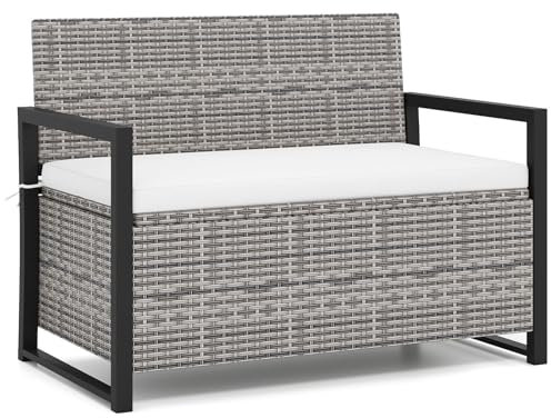 COSTWAY Gartenbank mit Stauraum, wetterfeste Balkonbank mit Sitzkissen, 2-Sitzer Rattan Sitzbank bis 360 kg belastbar, Terrassenbank für Garten, Balkon und Terrasse, 117 x 62 x 85 cm