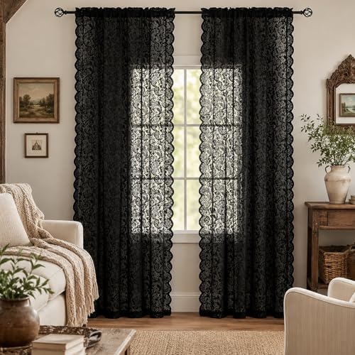 Aligogo, schwarze Spitzenvorhänge, 2 Vorhänge, 70er-Jahre-Stil, viktorianische Gothic-Spitzen, lichtdurchlässig, Stangendurchzug, Sichtschutz, Esszimmer, Büro, Halloween-Deko, 132 × 230 cm