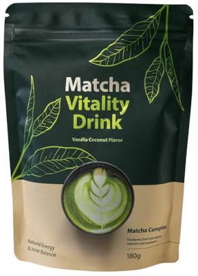 Tigogreen® Matcha Pulver 180g | Trenn & Bindemittelfrei | Laborgeprüfter Japanischer Premium Matcha Tee | Vanille Kokos Geschmack | Ideal als Kaffee Latte Zugabe | für deinen Energiestoffwechsel