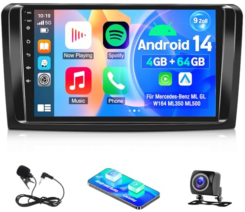 4+64G Autoradio Android 14 für Mercedes-Benz ML GL W164 ML350 ML500 GL320 X164 ML280 GL350 GL450, 9 Zoll 2Din mit Carplay Android Auto Bluetooth EQ Mirror Link WiFi Navi FM/RDS Rückfahrkamera Mikro