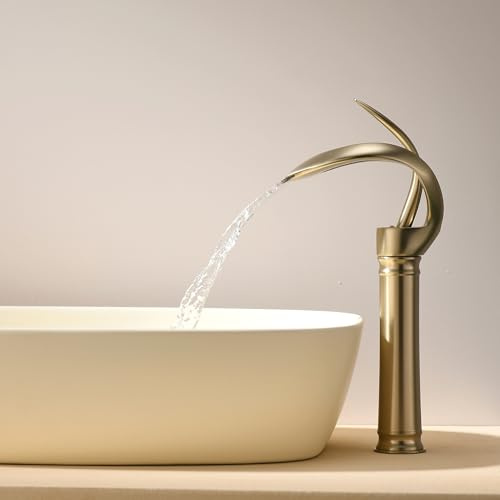 Wasserfall Wasserhahn Gebürstetes Gold,waschtischarmatur hoch wasserhahn Bad Wasserfall Waschtischarmatur Mischbatterie Waschbecken Modern Armatur,Wasserhan Messing(hoch)
