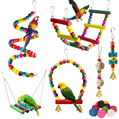 Jouets pour Oiseaux, 16 Pièces Jouet Perroquet, Accessoire de Cage à Oiseaux Suspendre, Jouets à Mâcher en Bois, Balançoire, Échelle, Sepak Takraw, Cloches, pour Perroquet, Inséparables, Pinsons