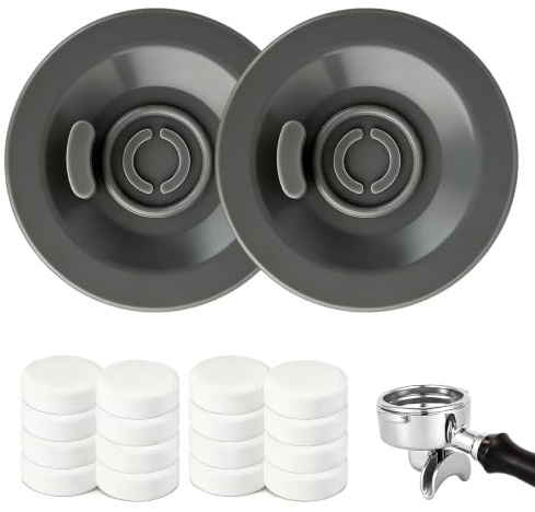 Espresso Backflush Cleaning Disc, 2 Pcs Espresso Cleaning Discs with 16 Tablets Universal Silicone Coffee Machine Handle Cleanings for Machin Deep Reusable 54mm Grey