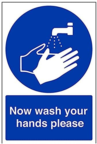 V Safety Now Wash Your Hands Please Sign - Portrait - 200mm x 300mm - Self Adhesive Vinyl Blue
