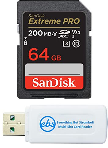 SanDisk 64GB SDXC Extreme Pro Memory Card Works with Canon EOS R, M50, M100 Mirrorless Camera 4K V30 UHS-I (SDSDXXY-064G-GN4IN) with (1) Everything But Stromboli (TM) Combo Reader
