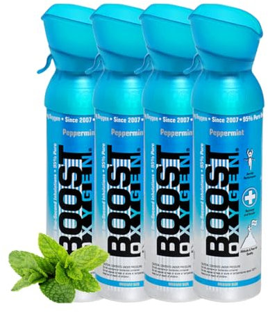 Boost Oxygen - Botella de Oxígeno Portátil - Lata de Oxigeno 95% Puro y Natural - Concentración, Recuperación, Energía, Estado de Ánimo, Mediano - 20L, 4x5L (4x Envases - 400 Inhalaciones) - Menta