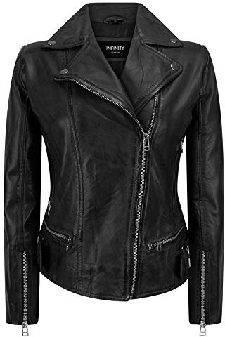 Ladies Women Genuine Real Leather Slim Fit Black Biker Jacket - Black L - 14