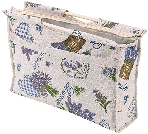 Knitting Yarn Storage Bag, Tote Organizer for Yarn Crochet Hooks Needles and Wool, Also for Magazines Sweaters, with zipper, Wooden Handle, 2 Colors(Purple Flower)