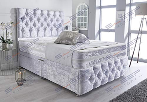 Sleep Factory's Ice White Crushed Velvet Chesterfield 2 Drawer Divan Bed Set, Mattress & Headboard (4.6FT (Double))