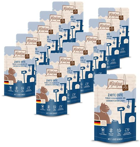 MjAMjAM - Premium Nassfutter für Katzen - Quetschie - purer Fleischgenuss - zarte Ente pur, 12er Pack (12 x 125 g), getreidefrei mit extra viel Fleisch