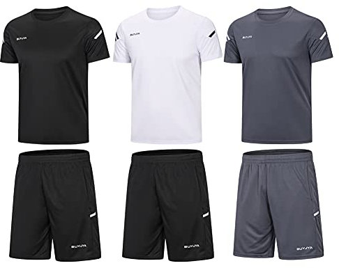 BUYJYA Herren-Trainingskleidung, athletische Shorts und Shirt-Set, 3er-Pack, für Basketball, Fußball, Training, Laufen, Fitnessstudio, XX-Large
