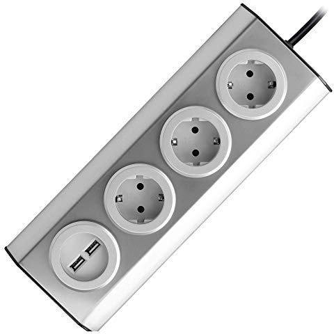 ORNO FS-4(GS) Ecksteckdose 3-fach mit 2 USB Anschlüssen, 45° montierte Montage, ideal für Küche, Büro und Arbeitsplatte, 3680W 16A (3 Fach + Kabel + 2 USB Ports)