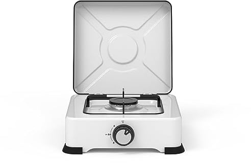 UNIVERSALBLUE Cocina de Gas Portátil Blanco | Camping Gas | Hornillo de Gas | 1 Fuego | Acabado en Blanco+ Tapa | 2200 W