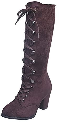 Stivali da Donna, Scarpe Stivali Donna Moda Casual Vintage Retro Mid-Calf Stringate Tacchi Spessi Scarpe (38,Marrone)