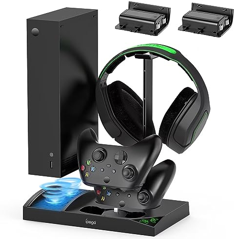 FASTSNAIL Charging Stand with Cooling Fan for Xbox Series S Controller and Console,for Xbox Series S Game Accessories with 2x1400mAh Battery Packs,Dual Controller Charger Dock Station & Headset Holder
