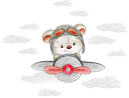 Wandtattoo Bär im Grau Flugzeug I Wolken Kinderbilder Junge Kinderzimmer Mädchen Aufkleber Osomhome (180x140cm) os7896