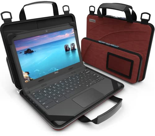 UZBL Chromebook-Schutzhülle, 28,9 - 29,6 cm (11-11,6 Zoll) Chromebook-Schutzhülle, Laptop-Hartschale, immer an der Arbeit, Tasche, Griff, Schultergurt (Deep Red ID Slot)
