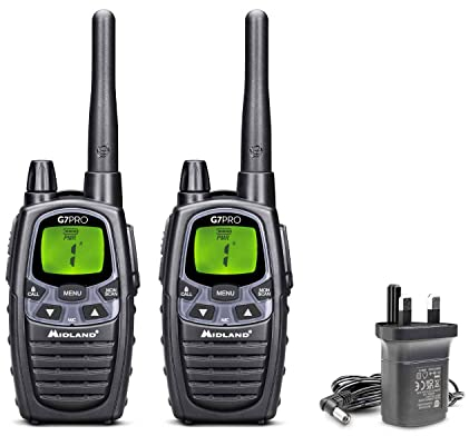 Midland G7 Pro, Two Way Radio Walkie Talkie, Dual Band 16 PMR446 Channels and 69 LPD license free, 2 Battery Packs, Desk Charger, Belt Clip, UKCA Certified, UK Plug, 2 Radios, Black