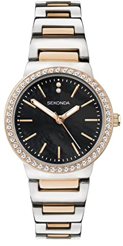 Sekonda Amelia Damen-Quarzuhr mit Analog-Anzeige, 28 mm, Armband aus Legierung, Schwarz, zweifarbig, Armband