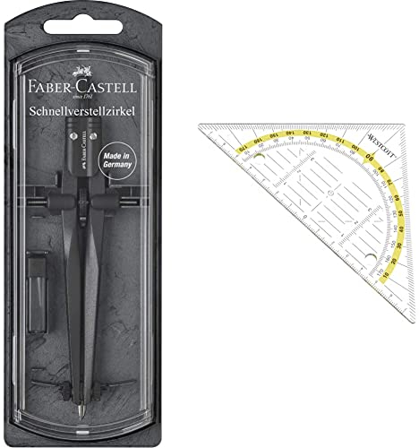 Faber-Castell 174530 - Schnellverstellzirkel Stream, Blackstone, 1 Stück & Westcott E-10139 00 Geometriedreieck, mit Lochung, transparent, 14 cm