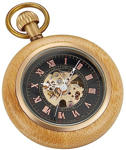 Tiong Holz-Taschenuhr, mechanisch, Steampunk, elegant, Kupfer, Holz, offenes Zifferblatt, Herren-Taschenuhren mit Kettenbox
