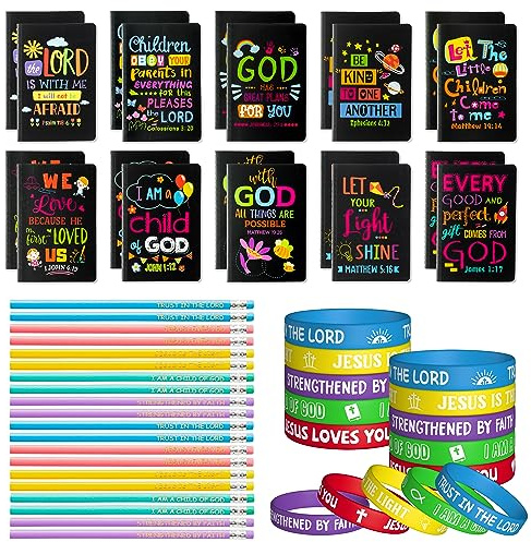 60 pezzi Bibbia cristiana Regali per bambini Bulk Blocchi appunti religiosi Matite Braccialetto in silicone Bibbia Versi Mini Notebook Braccialetto Kit Matita Preghiera Giornale Fede Set per Scuola