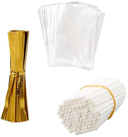 GLADFRESIT 300Pcs Cake Pops Making Tools - 100Pcs Lollipop Sticks, Cake Pop Bags and Twist Ties - Clear Cellophane Treat Wrappers