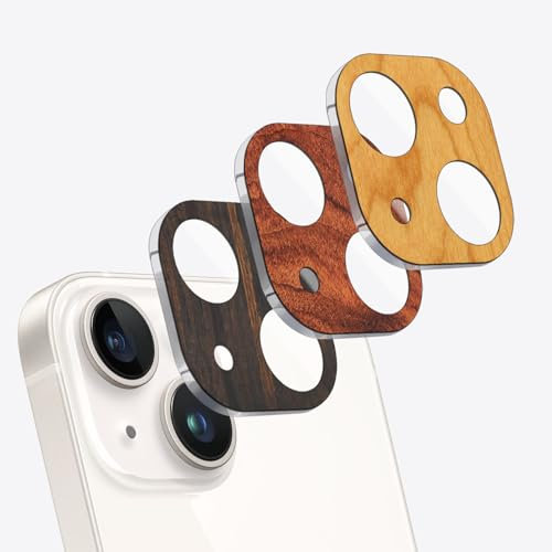 Carveit Protector de cámara Compatible con iPhone 13/13 Mini película Protectora de Lente de Madera, Protector de cámara de Cristal 9H (3 Piezas-Madera Oscura+Rosa+Cereza)