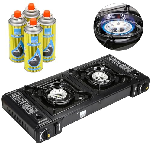 Taylor & Brown Portable Dual Burner Camping Stove Stainless Steel with 4 Butane Gas & Carry Case | EN417 Compliant Premium Gas Double Stove | with Automatic Ignition & Heat Control