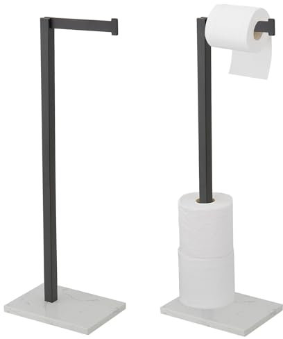 Homevacious Free Standing Toilet Paper Holder with Marble Base Stand Bathroom Toilet Paper Roll Holder with Shelf Portable Tissue Storage Organization L-Shape Matte Black