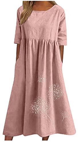 AMhomely Robe d'été en lin pour femme - Robe d'été longue en coton tropical - Grande taille - Robe de plage vintage imprimée - Robe trapèze élégante - Col rond - Robe trapèze décontractée, Rose (01),