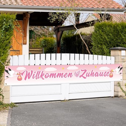 LAMEK Willkommen Zuhause Banner Rosa Storch mit Baby Partysbanner 300x50cm Extra Lange Banner Geburtsstorch Hintergrund Herzlich Willkommen Baby für Baby Jungen Geburt Babyparty Taufe