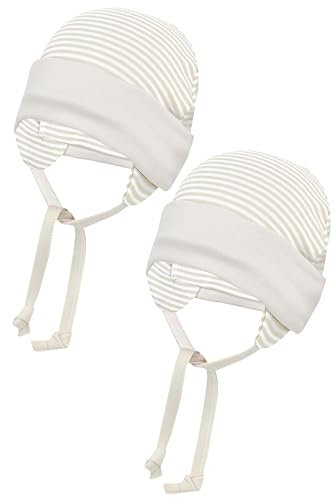 TupTam Baby Erstlingsmütze mit Ohrenklappen 2er Pack, Farbe: Streifenmuster/Beige, Größe: 62-68
