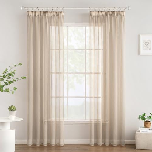 Woaboy Gardinen mit Kräuselband Fenster Voile Vorhänge Wohnzimmer Transparent Sheer Curtains Stores Gardine Schlafzimmer Modern Schlaufengardinen 2er Set 140x200cm (BxH) Beige