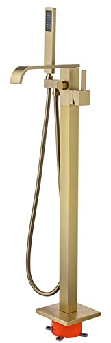 Freistehender Wannenfüller in gebürstetem Gold, bodenmontierter Badewannenhahn, Wasserfall-Badewannenhahn mit Handbrause, Badewannen-Dusch-Mischbatterie, Wannenhahn-Set aus Messing