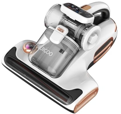 JIGOO Aspirador Acaros, 700W Aspiradora Antiacaros y 15Kpa Aspiración al vacío, Pantalla Inteligente, Sensor de ácaros, Poco Ruido, Calienta y Seca rápidamente colchones, Ropa de Cama y sofás